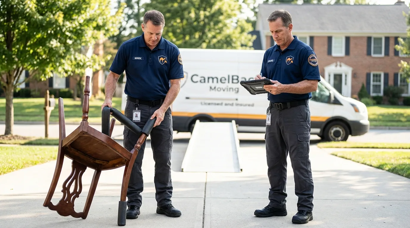 Movers inspecting furniture for damage prevention before loading in Fort Defiance, AZ