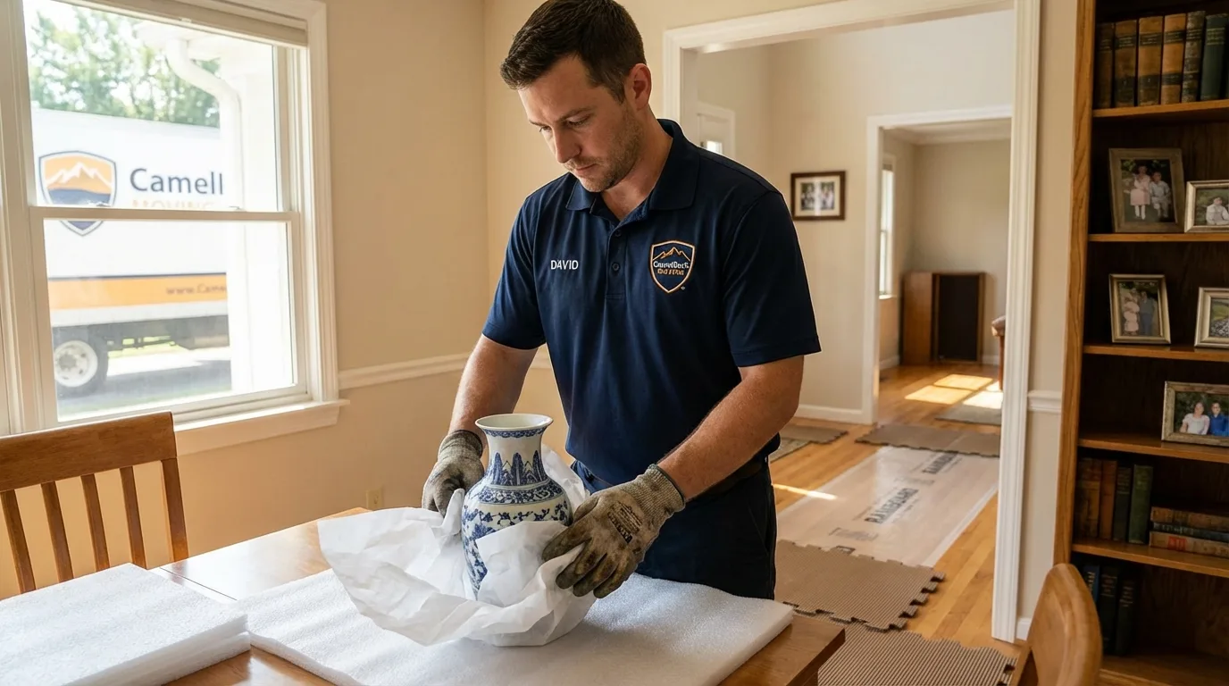 Professional crew carefully wrapping antique vase for senior downsizing move in Fort Defiance, AZ